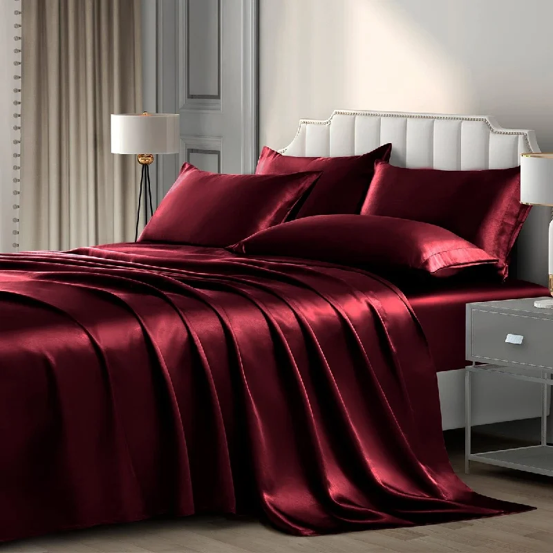 6 Pieces King Satin Sheets Luxury Silky Burgundy Satin Bedding Sheet Set,1 Deep Pocket Fitted Sheet 1 Flat Sheet 4 Pillow Cases