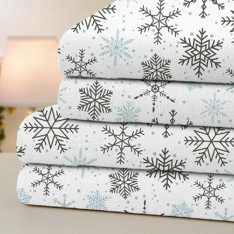 100% Cotton Printed Flannel Soft Deep Pocket Full Grey Snowflakes