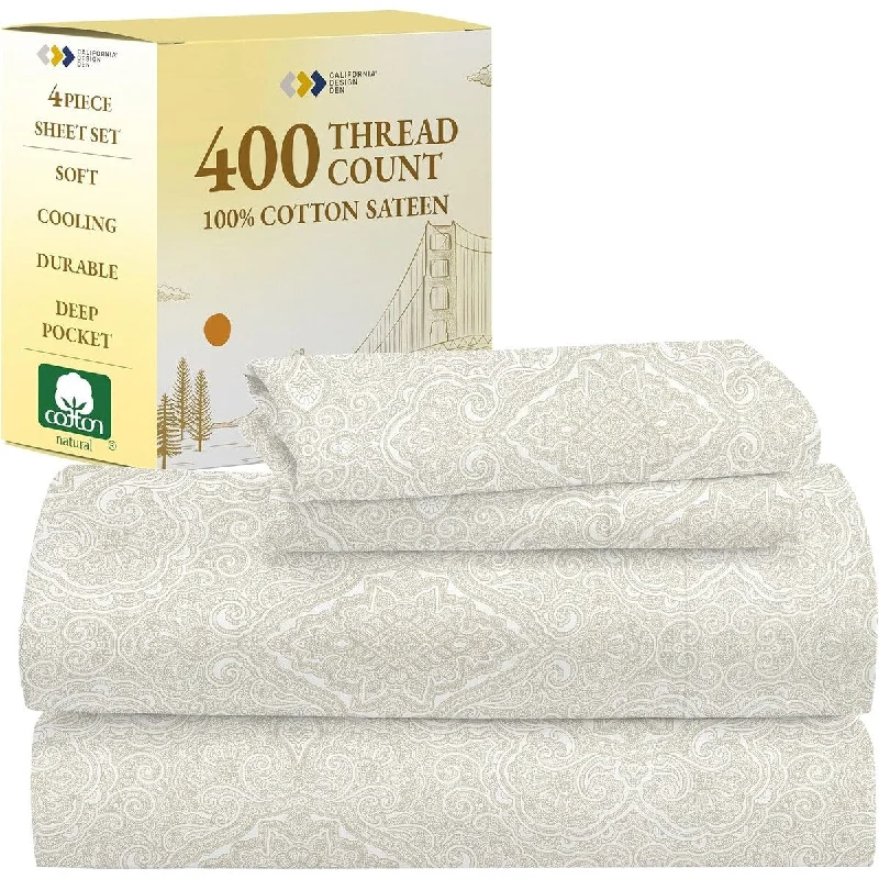 Cotton King Bed Sheet Set, 400 Thread Count, 4 Pc Deep Pocket Sheets and Pillowcase Set