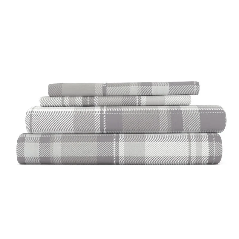 Plaid Light Gray 100% Cotton Flannel Super Soft Sheet Set