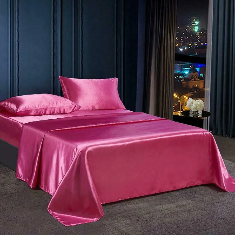 4 PC Satin Silky Soft Bed Sheet Set King Fitted Pillow Cases Pink