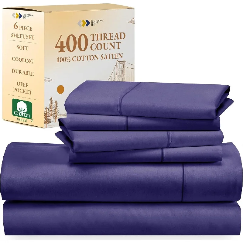 6-Pc Sheet Set with 4 Pillowcases,400 Thread Count Cotton Sheets, Deep Pocket Bedsheets Set