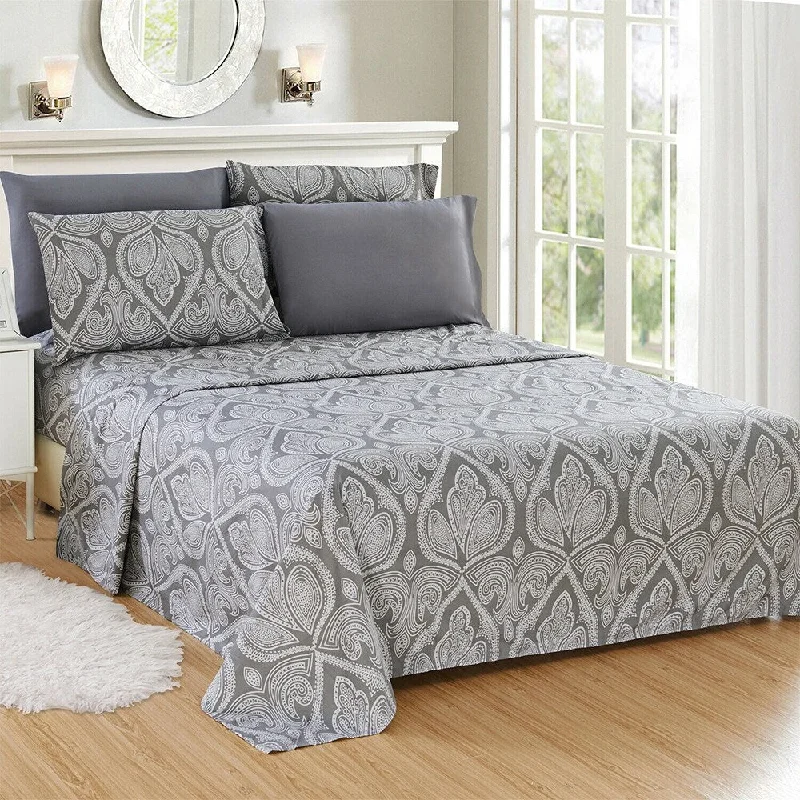 Luxury 6 Piece Bed Sheet Set 1800 Count Paisley Twin XL Gray