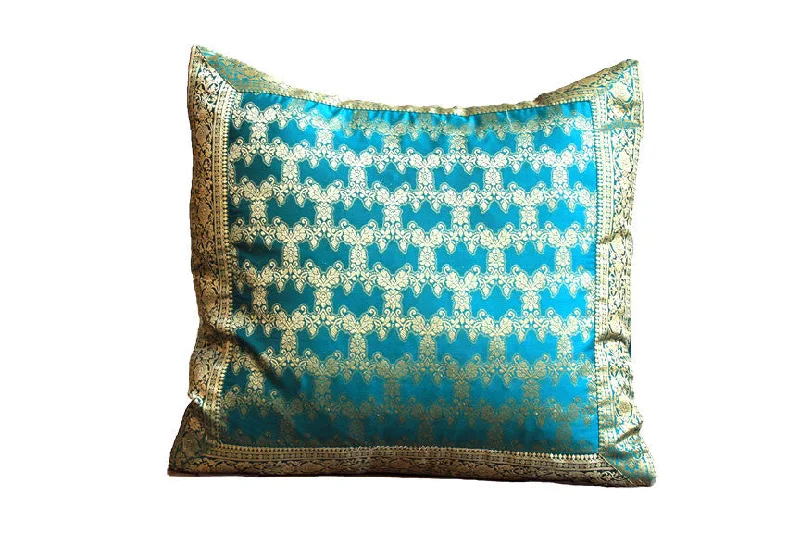 Indian Sari Fabric Turquoise Fatima Pillow Cover on sale