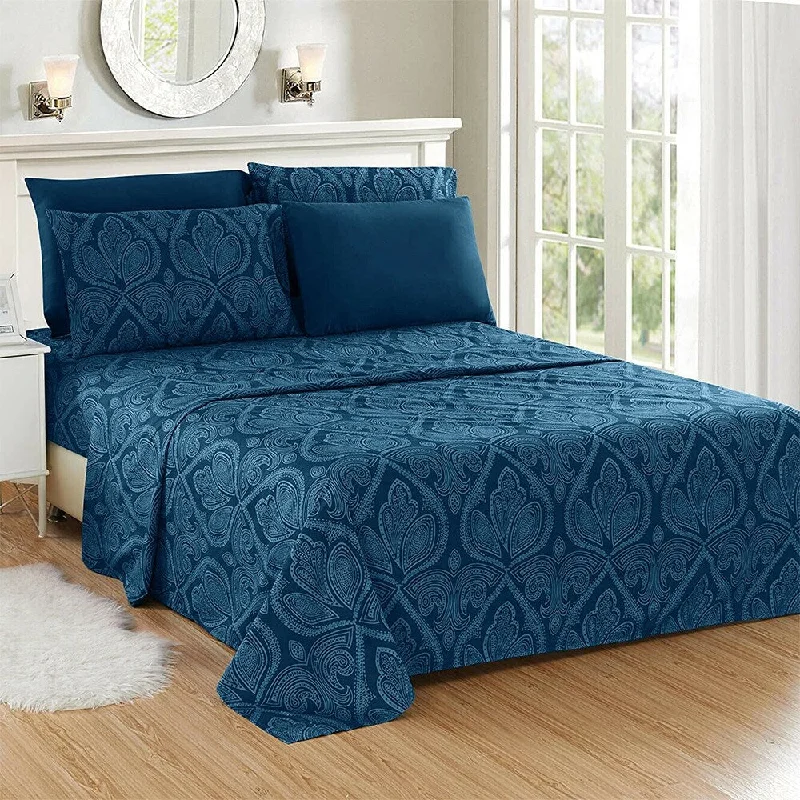 Luxury 6 Piece Bed Sheet Set 1800 Count Paisley Full Navy Blue