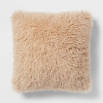 New - Euro Faux Mongolian Fur Decorative Throw Pillow Khaki - Threshold