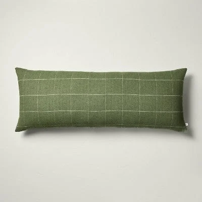 New - 14"x36" Windowpane Plaid Oblong Pillow Dark Green - Hearth & Hand with Magnolia