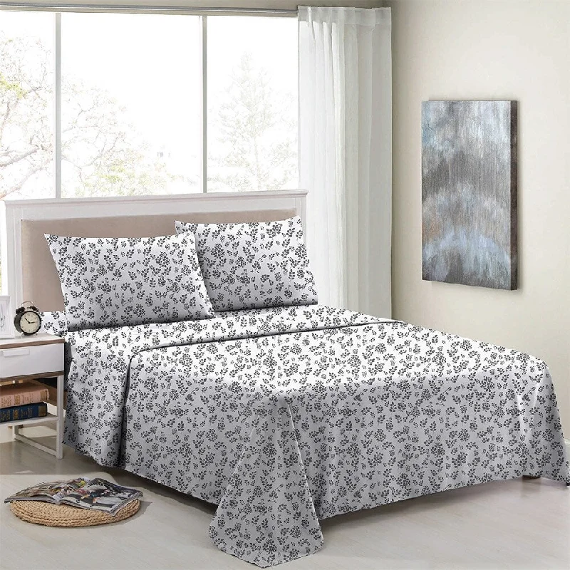 Floral Sheets 4 Piece Egyptian Comfort 1800 Series Queen White Grey