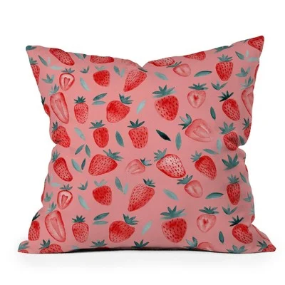 New - 16"x16" Angela Minca Strawberries Square Throw Pillow Pink - Deny Designs: Bohemian Style, Removable Cover