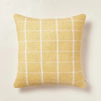 18"x18" Textured Grid Lines Indoor/Outdoor Square Throw Pillow Gold/Cream - Hearth & Hand with Magnolia