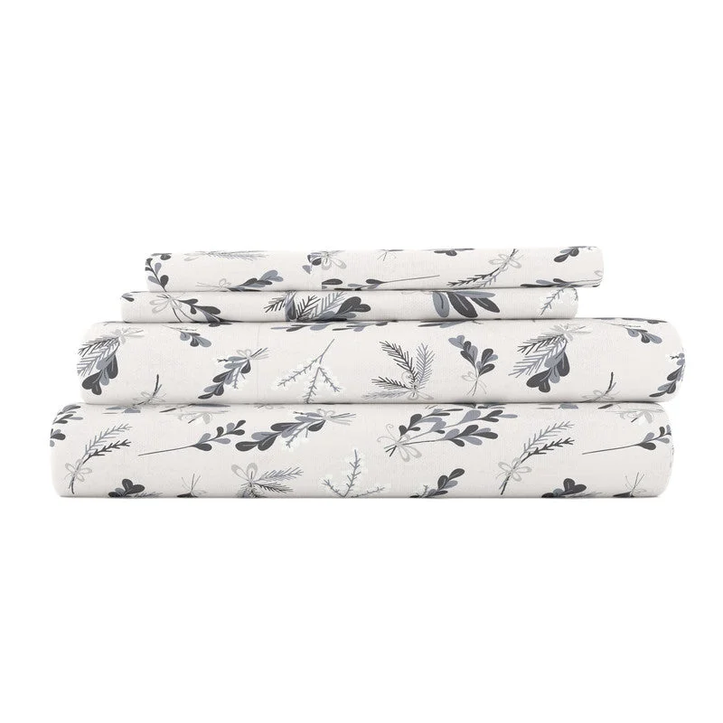 Botanical Light Gray 100% Cotton Flannel Super Soft Sheet Set