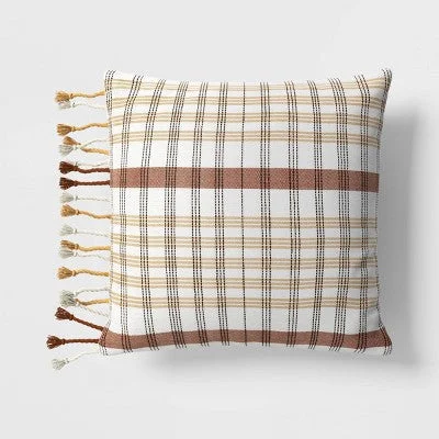 20"x20" Plaid and Tassels Square Outdoor Throw Pillow Rust/Apricot - Threshold