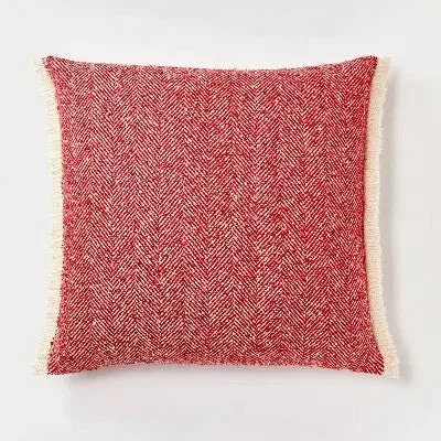 Oversized Herringbone with Frayed Edges Square Throw Pillow Red/Cream - Threshold designed with Studio McGee