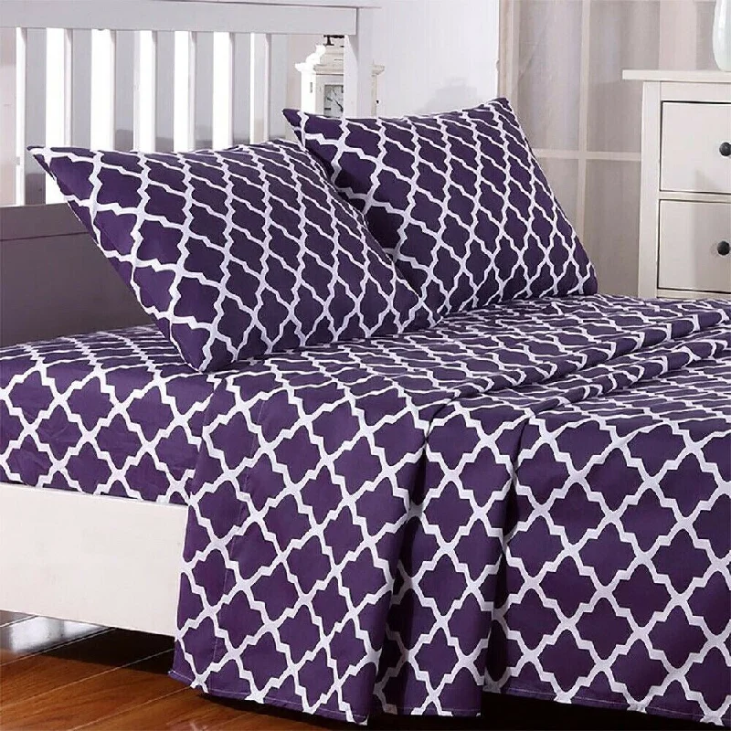 Egyptian Comfort Bed Sheet Set 1800 Count 4 Piece CalKing Purple White