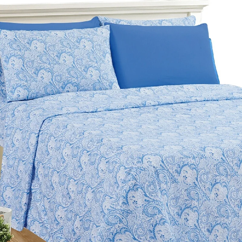 Luxury 6 Piece Bed Sheet Set 1800 Count Paisley Full White Blue