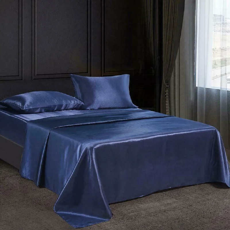 4 PC Satin Silky Soft Bed Sheet Set King Fitted Pillow Cases Navy