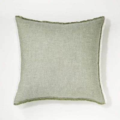 New - Oversized Reversible Linen Square Throw Pillow with Frayed Edges Green - Threshold designed with Studio McGee