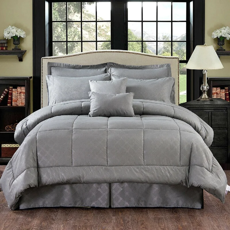 10 Piece Bed In A Bag Comforter Set Plaid Embossed Cal King Gray