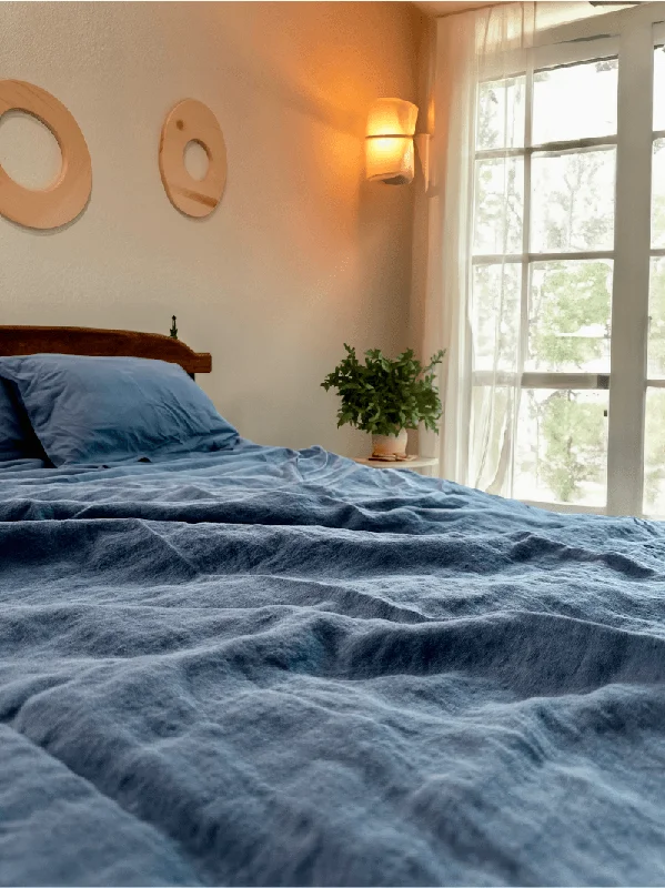 100% European Linen, Navy, Natural Duvet Cover