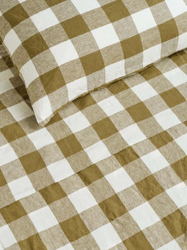 100% Linen Duvet Cover in Olive Check