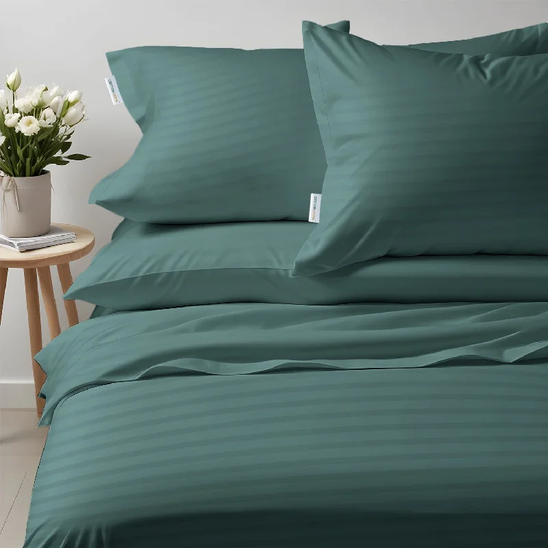 Premium High Quality Cotton 250TC Queen Stripe 6 Piece Duvet Cover Set 220x240cm Teal