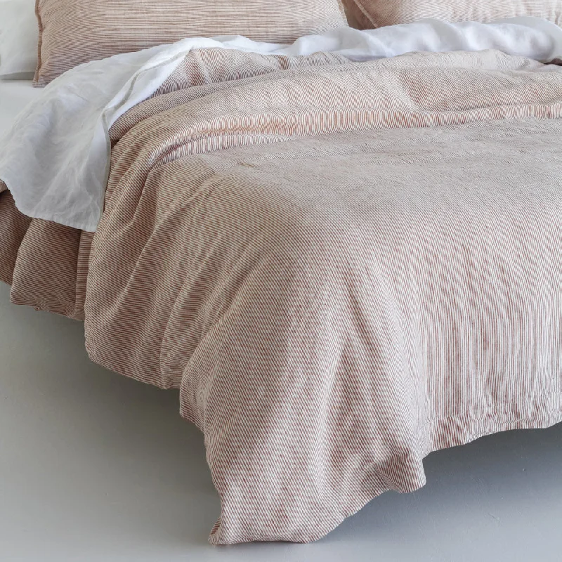 European Linen Duvet Cover - Mini Terracotta Stripe