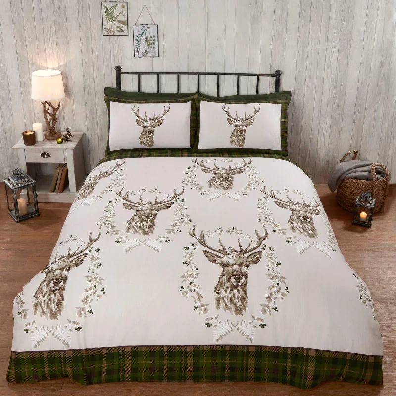 Angus Stag Flannelette Duvet Cover Set Green