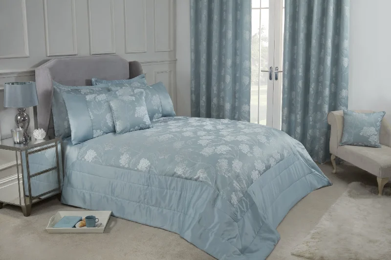 Blossom - Embellished Jacquard Quilted Bedspread Set in Duck Egg