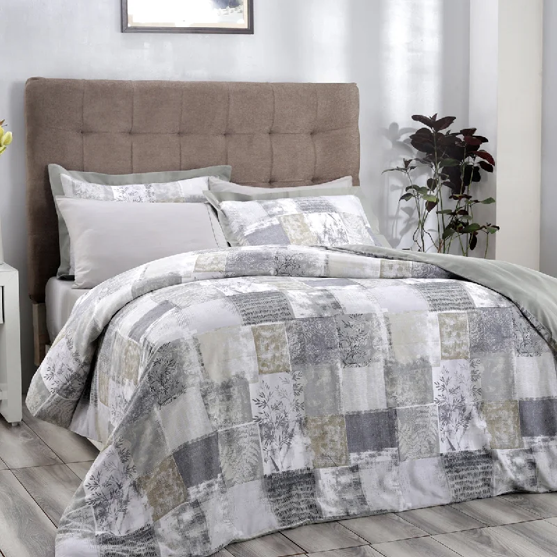 Botanical Heritage Botanical Grunge Plain & Printed Reversible 100% Cotton Super Soft Grey Duvet Cover with Pillow Case