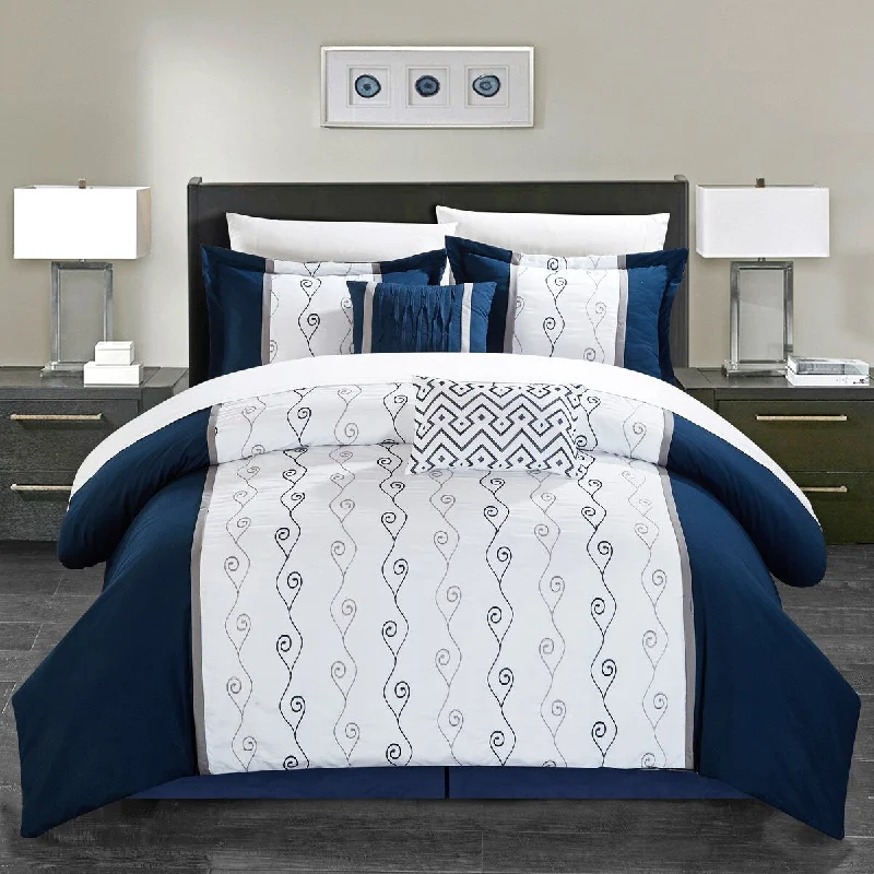 Chic Home Yohan Navy Color Block Embroidered 6 Piece Comforter Set