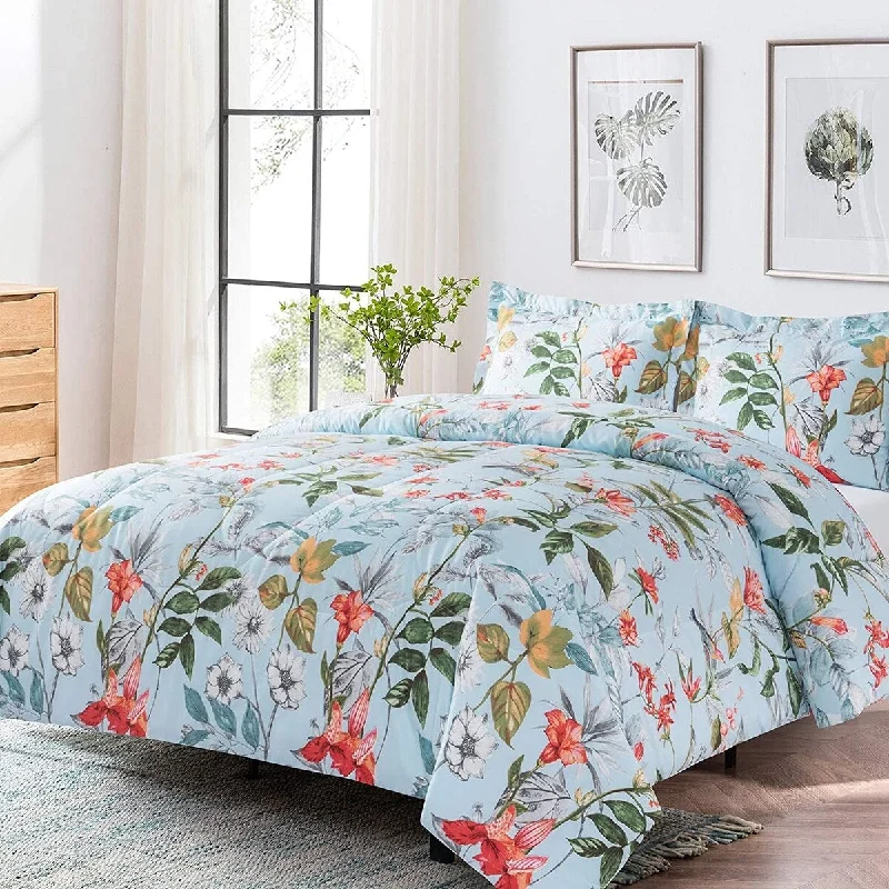 DCP 3 Pieces Comforter Set Flower Branch Botanical Blue Comforter King