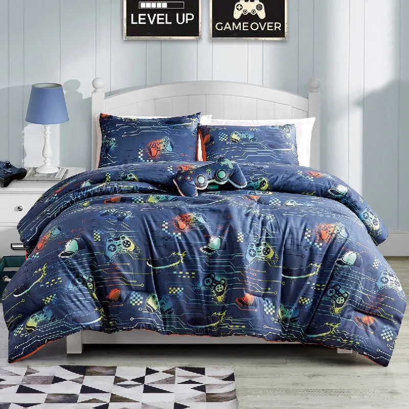 DCP 4 Piece All Season Soft Polyester Bedding Comforter Set,Navy with Game Console