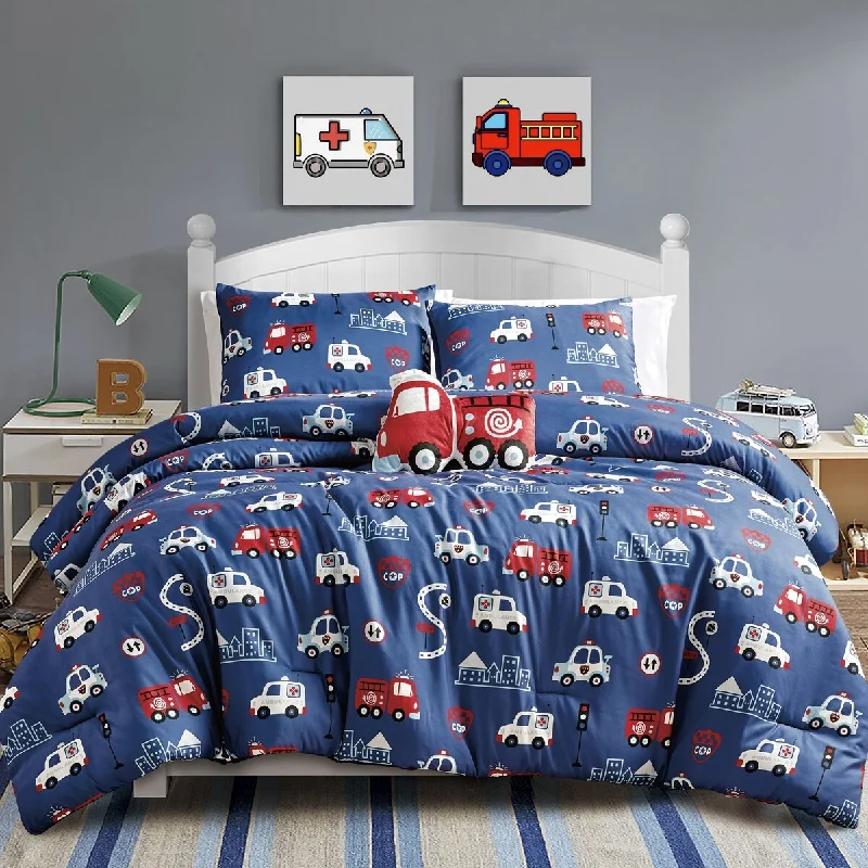 DCP 4 Piece All Season Ultra Soft Polyester Bedding Comforter Set,Blue with Colorful Vehicles