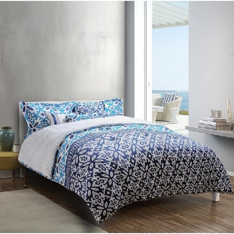 Explore brand - Mykonos Printed 6-piece Comforter Set in Deep Blue/Medium Blue/White Grecian Tile Design