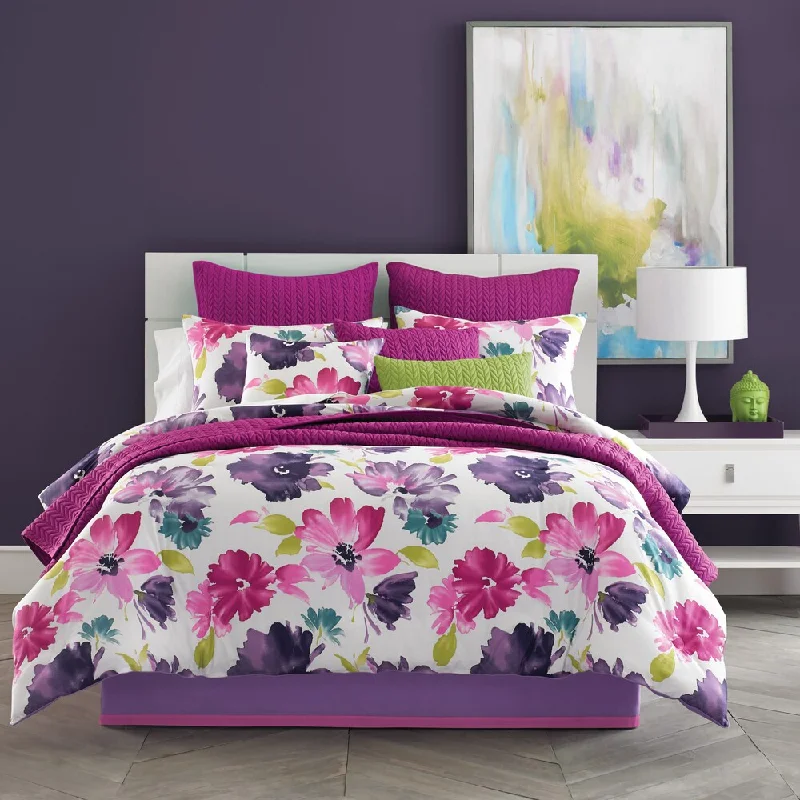 Five Queens Court Mia Fuchsia Pink Floral Cotton 4-Piece Comforter Set