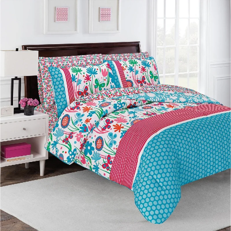 Flirty Floral Aqua/Pink 7-Piece Soft Microfiber Comforter Bedding Set