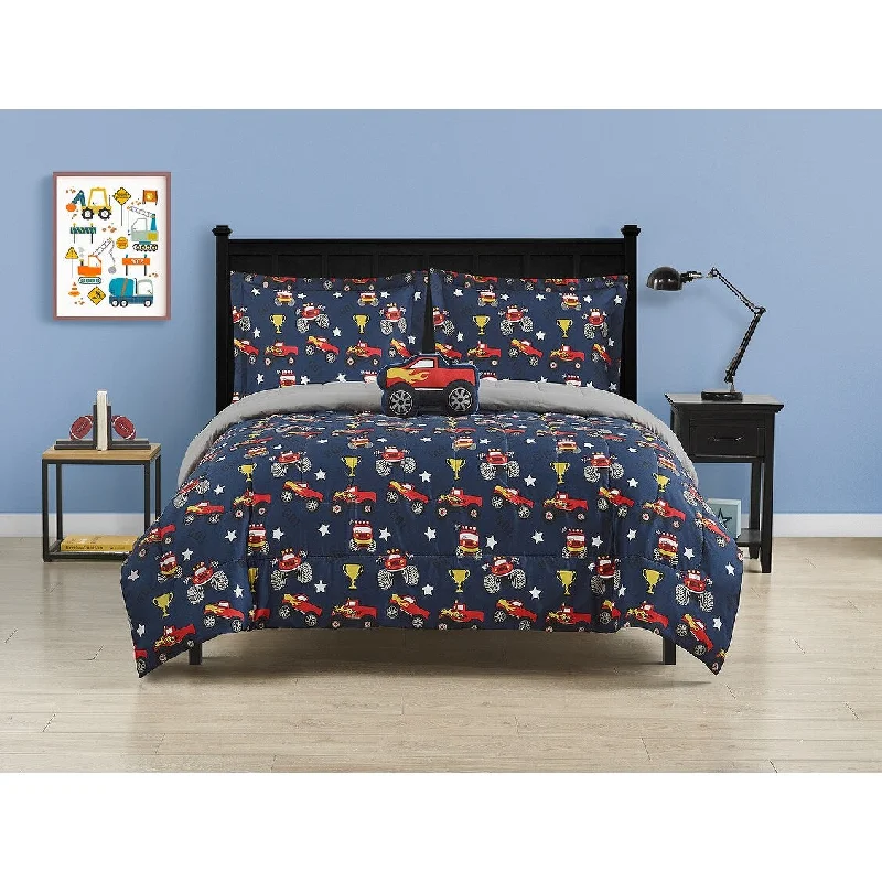 Monster Truck Blue/Red Microfiber Comforter Set with Truck Pillow