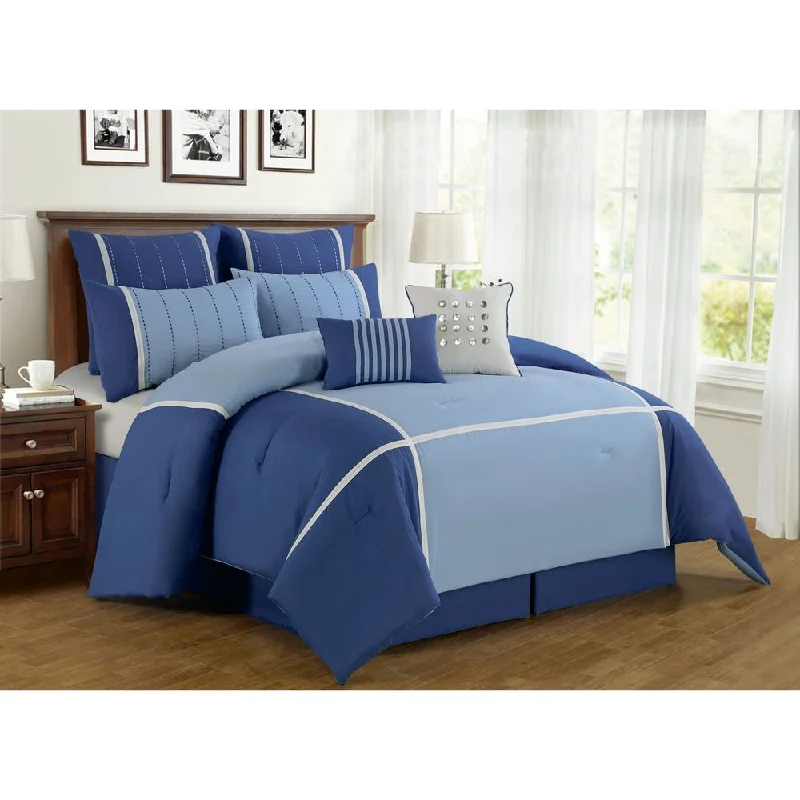 Oversized and Overfilled 8-Piece Stitched Blue Polyester Comforter Set