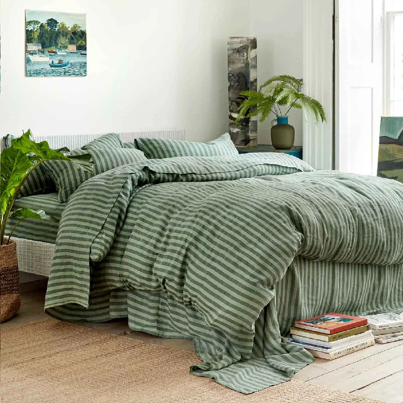 Pine Green Pembroke Stripe Linen Blend Duvet Cover