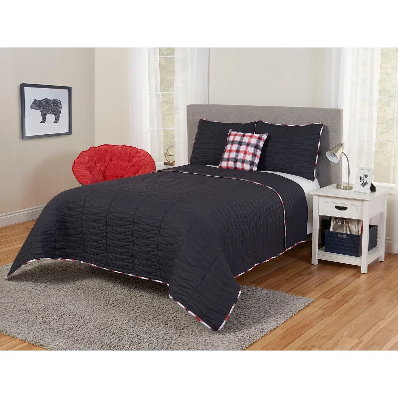 Plaid Piping Twin Quilt Set in Grey