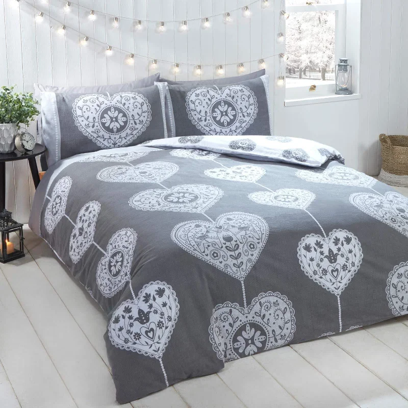 Scandi Heart Flannelette Duvet Cover Set Grey