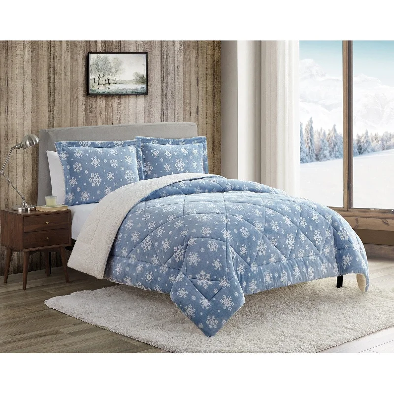 Snowflakes Blue Ultra Plush-Sherpa 3 PC Comforter Bedding Set