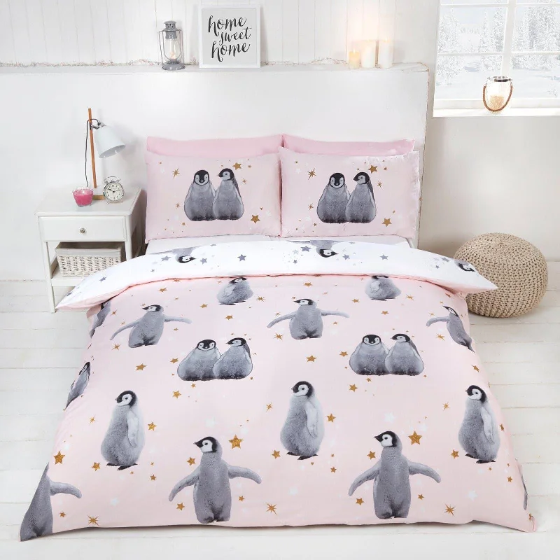 Starry Penguins Duvet Cover Set Pink