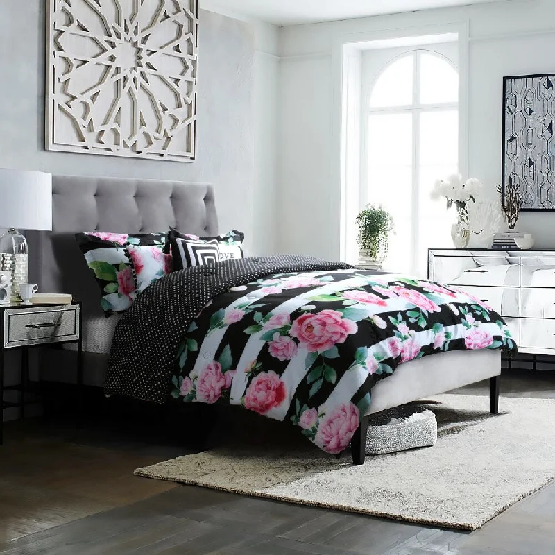 Studio8 brand - LOVE Printed 6-Piece Comforter Set - hand-painted floral and stripe in pink, green, white and bold black