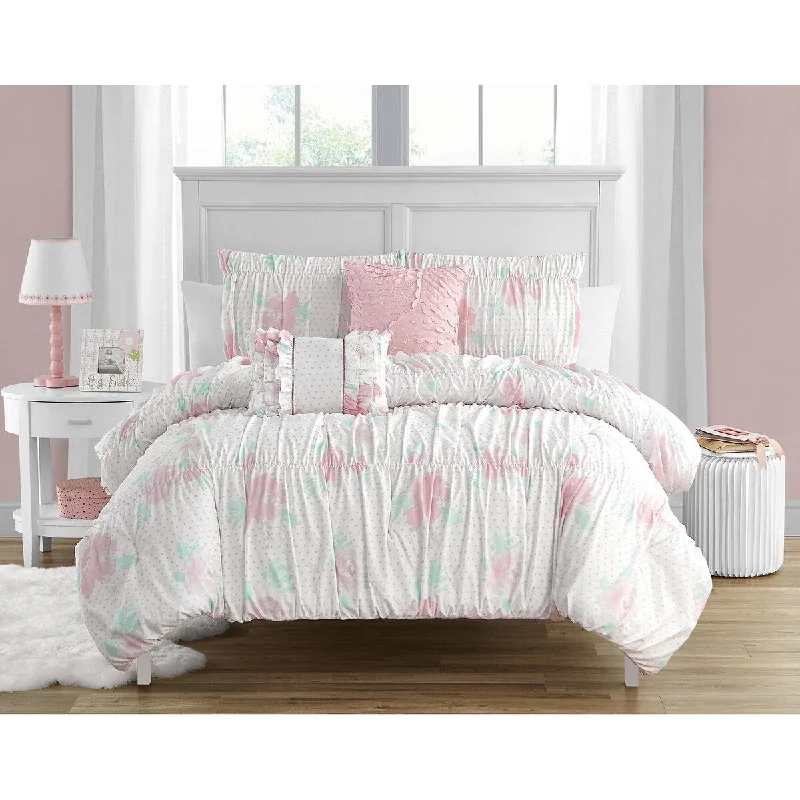 Tabitha Smocked Floral Ultra-soft Microfiber Comforter Set with Soft Pillows