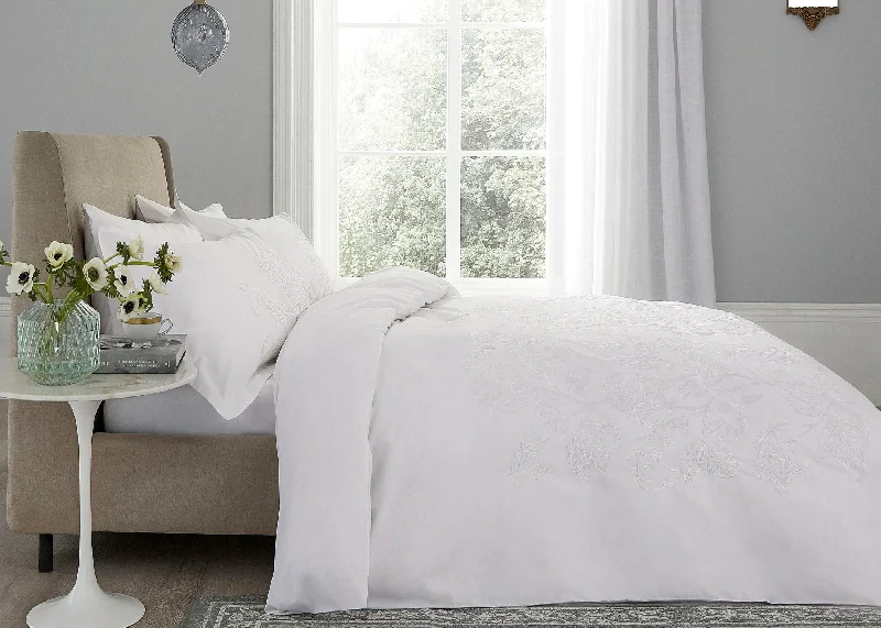 V & A "Amberley Manor" Duvet Cover - White with White Embroidery