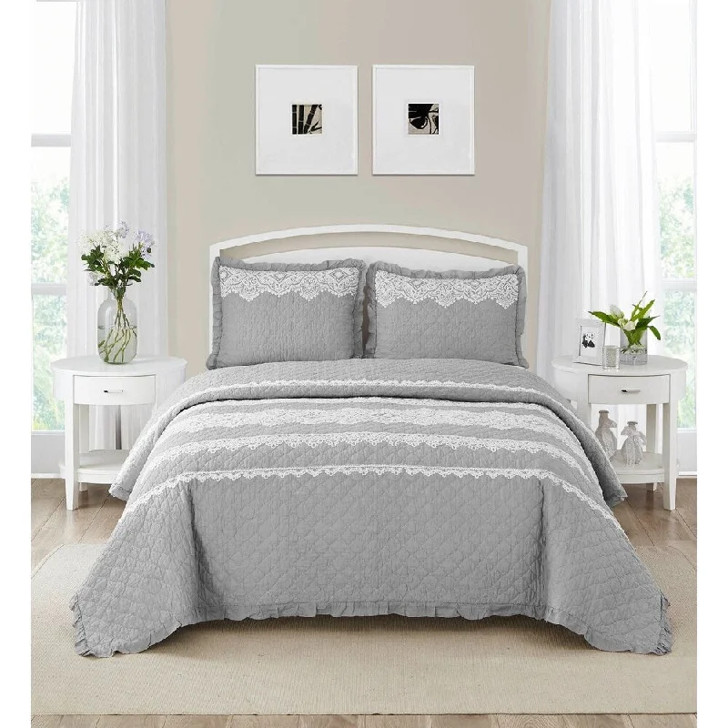 Wonder Home Duran 3PC Cotton Lace Embroidered Quilt Set, King, Grey