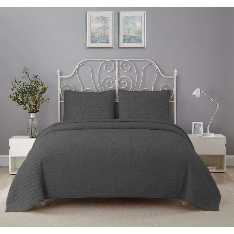 Wonder Home Lawrence 3PC Crinkle Solid Quilt Set, King, Grey