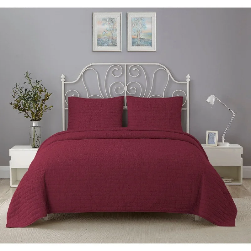 Wonder Home Lawrence 3PC Crinkle Solid Quilt Set, Queen, Claret