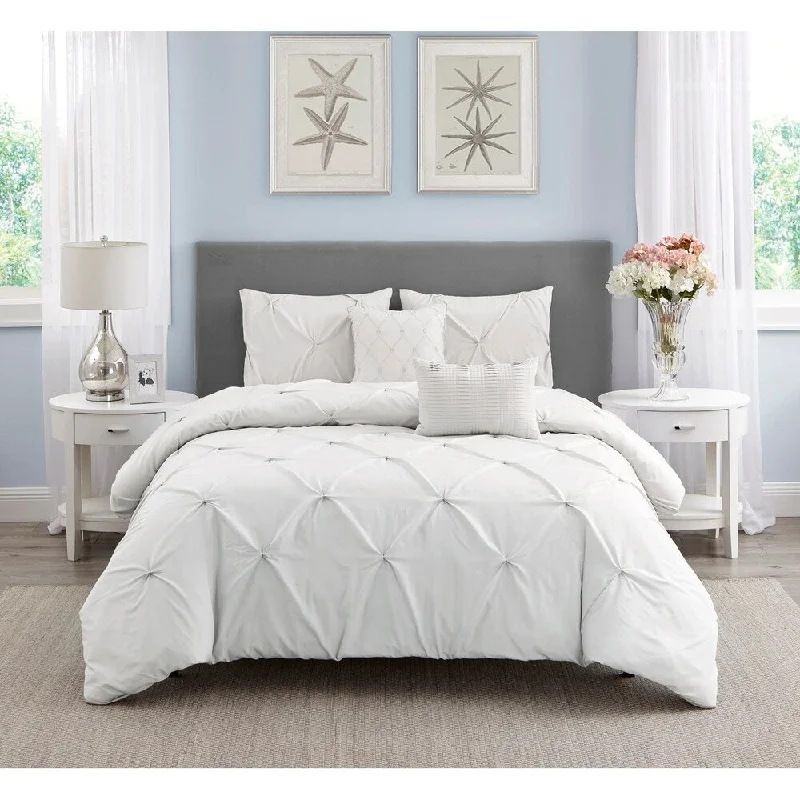 Wonder Home Mona 5 PC Pleated Comforter Set, King, White